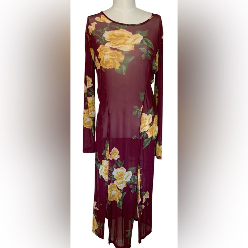 Cleo Floral Burgundy Long Sleeve With Slits Cover Up